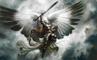 Woman sword wings cloudy day - her hand and a sword free wallpaper