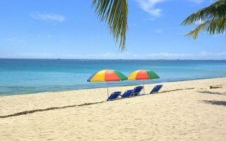 Beach chairs colorful umbrella ocean - alan sutherland free wallpaper