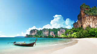 Boat beach water mountains background - sumatraism free wallpaper