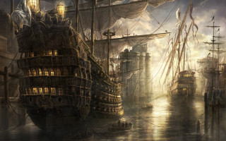 Ship harbor city background painting - other ship free wallpaper