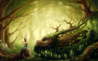 Woman tree stump forest dragon - fantasy artwork free wallpaper