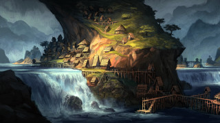 Fantasy landscape waterfall house cliff - andreas rocha free wallpaper