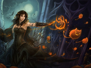 Woman black dress pumpkin forest - free fantasy wallpaper