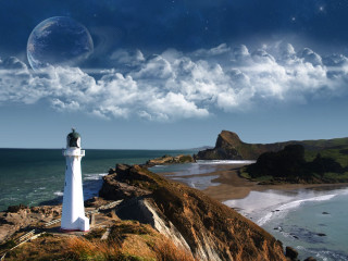 Lighthouse rocky cliff ocean distant 2 - a full moon in the distance free wallpaper