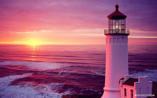 Lighthouse shore sunset pink sky - rim light free wallpaper