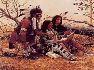 Native americans sitting bird flying - western free wallpaper