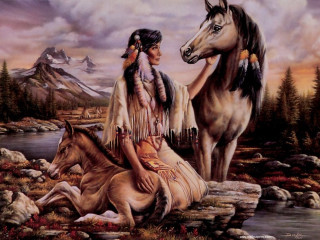 Native american woman horse river - oil painting free wallpaper