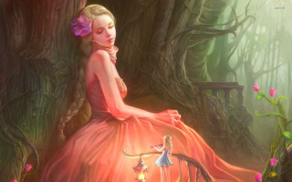 Woman red dress bench forest - a painting of a woman free wallpaper