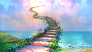 Stairway ocean flowers person walking - kinkade free wallpaper