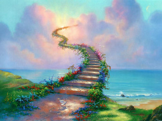 Stairway ocean flowers bird flying - metaphysical painting free wallpaper