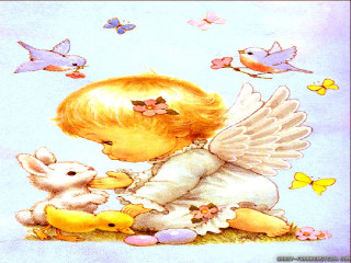 Little angel rabbits lap blue - soft painting free wallpaper