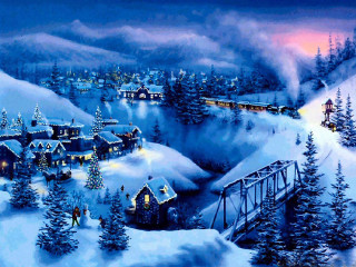 Snowy village train bridge painting - a train free wallpaper