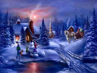 Christmas snowman sleigh people church - a church in the background free wallpaper
