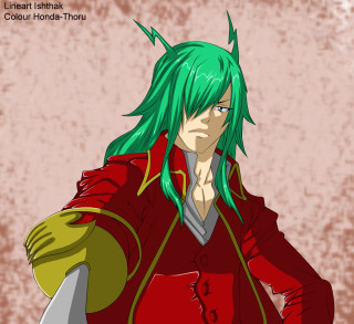Man green hair red jacket - a sword free wallpaper for tablet