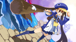 Woman blue hat bird flying - over her head free wallpaper