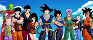 Dragon ball characters group blue - behind them free wallpaper