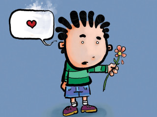 Boy holding flower thought bubble - a cartoon free wallpaper for desktop