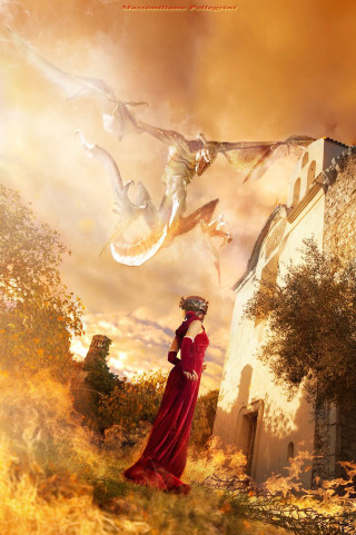 Woman red dress flying kite - free fantasy wallpaper for mobile