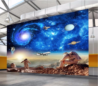 Space mural man dog shuttle - free sci-fi wallpaper for tablet