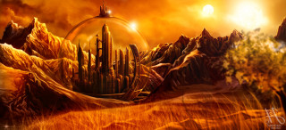 Castle mountains sky sun distant - free sci-fi wallpaper