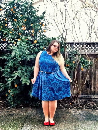 Woman blue dress tree oranges - free vintage wallpaper