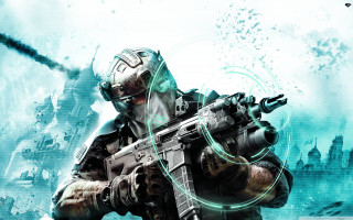 Futuristic man suit gun aiming 2 - a futuristic city in the background free wallpaper