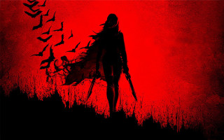 Woman walking birds red sky 2 - a flock of birds free wallpaper