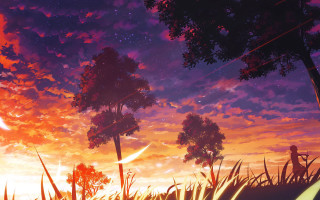 Sunset tree person bench distance - orange sky free wallpaper