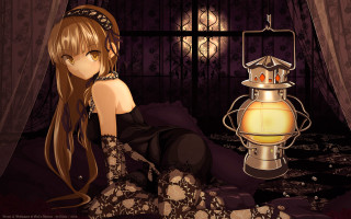 Girl sitting bed lamp curtain - a bed next free wallpaper