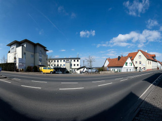 Street yellow car building blue - ultra wide angle free wallpaper