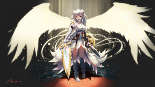 Woman white wings sword holding - a red surface free wallpaper for desktop
