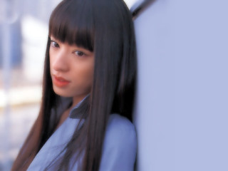 Woman black hair blue white - a blue shirt free wallpaper