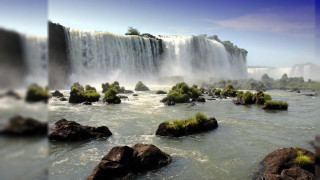Waterfall rocks trees people standing 2 - the water near free wallpaper