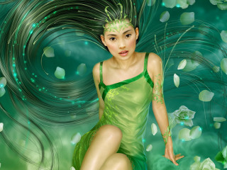 Woman green dress feathers flying - a digital painting of a woman free wallpaper