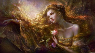 Woman long hair holding flower - a painting of a woman free wallpaper