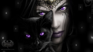 Woman purple eyes black cat - a gold chain free wallpaper