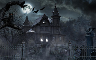 Creepy house bats night full - gothic free wallpaper