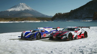 Race cars snowy lake mountain - free seasons wallpaper