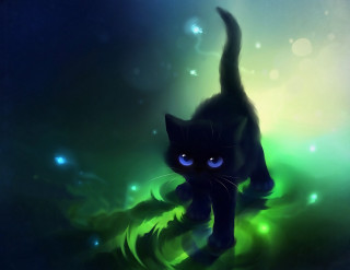 Black cat glowing eyes grass - a green glow free wallpaper