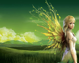 Woman yellow wings field grass - a green sky in the background free wallpaper