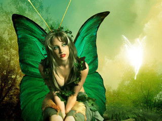 Woman green dress butterfly wings - matte fantasy painting free wallpaper