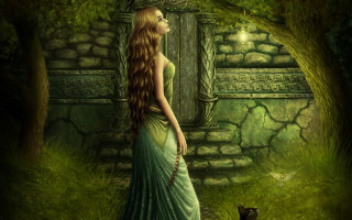 Woman green dress cat forest - a green dress free wallpaper