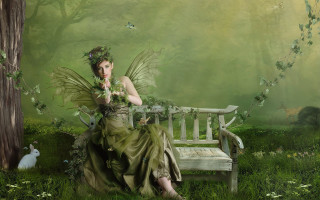 Woman green dress bench forest - matte fantasy painting free wallpaper