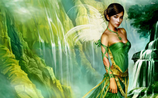Woman green dress waterfall painting - magic free wallpaper