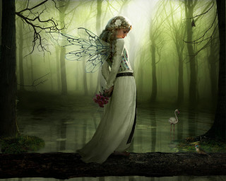 Woman white dress forest bird 4 - matte fantasy painting free wallpaper