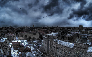 City buildings cloudy sky birds - grim free wallpaper for desktop