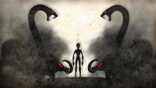 Man giant snakes red eyes - lovecraftian free wallpaper