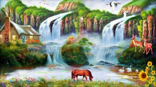 Horse grazing field waterfall thatched - a painting of a horse free wallpaper