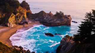 Beach rocks water trees shore - the shore free wallpaper