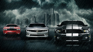 Cars rain city skyline skyscrapers - three car free wallpaper